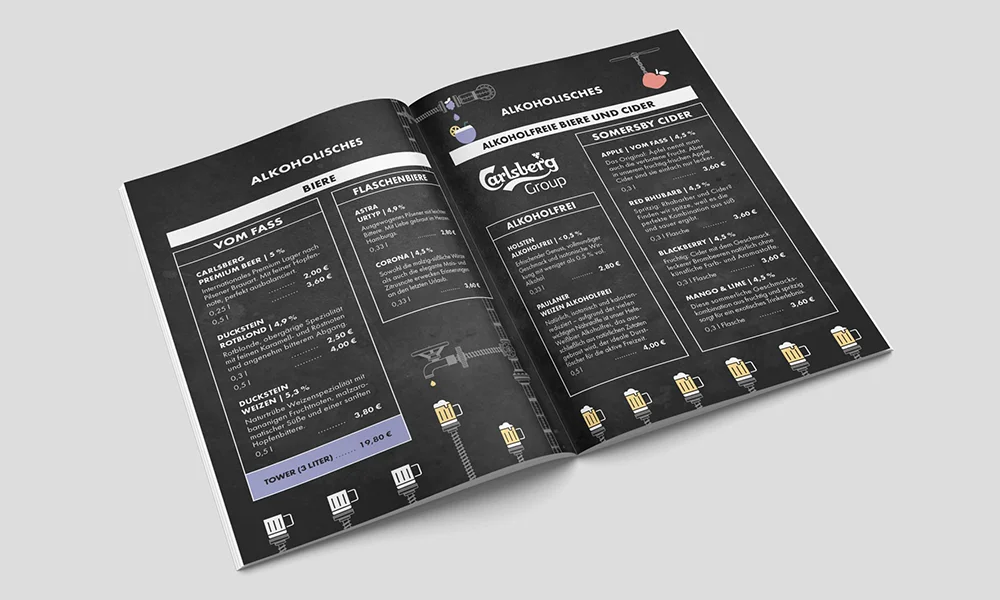 Speisekarte als zentrales Printmedium des Markenauftritts der All Day Bar