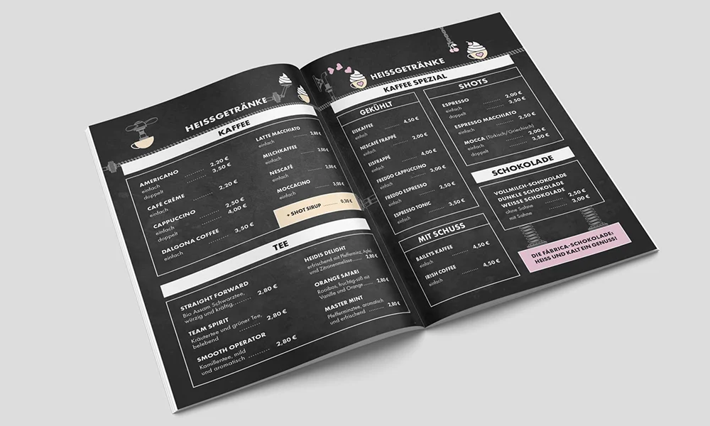 Speisekarte als zentrales Printmedium des Markenauftritts der All Day Bar