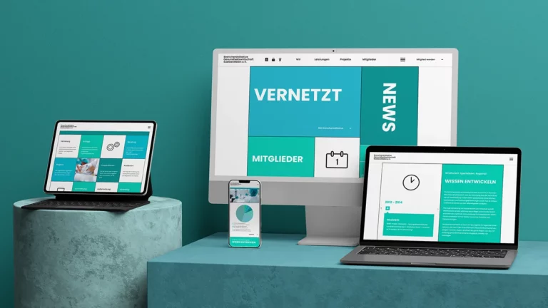 Webdesign für die Brancheninitiative Gesundheitswirtschaft, umgesetzt in einer Blau-Türkis-Farbpalette mit moderner Gridstruktur.