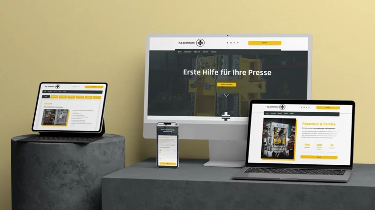Industriewebsite mit gezielten gelben Akzenten zur Strukturierung von Inhalten und zur Stärkung der Markenwiedererkennung.